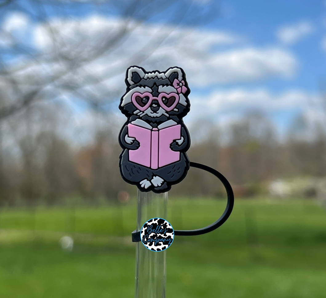 Pink Reading Raccoon - Straw Topper - 10mm