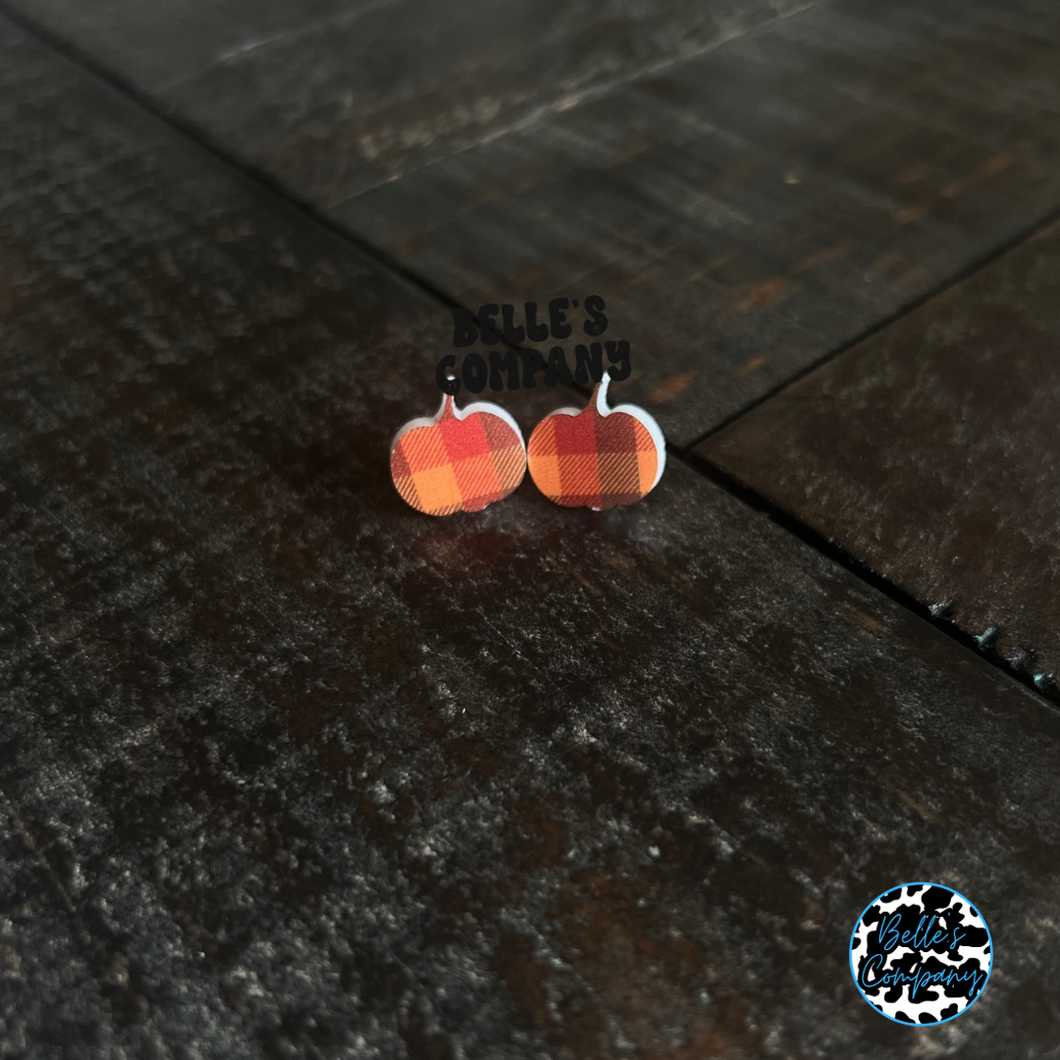Fall Buffalo Plaid Pumpkin Stud Earrings
