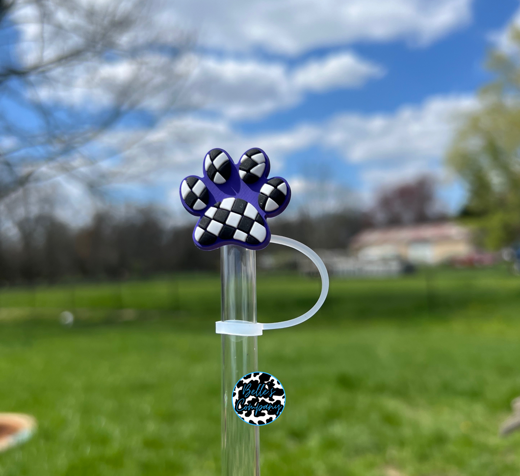 Checkered Paw Print Purple - Straw Topper - 10mm