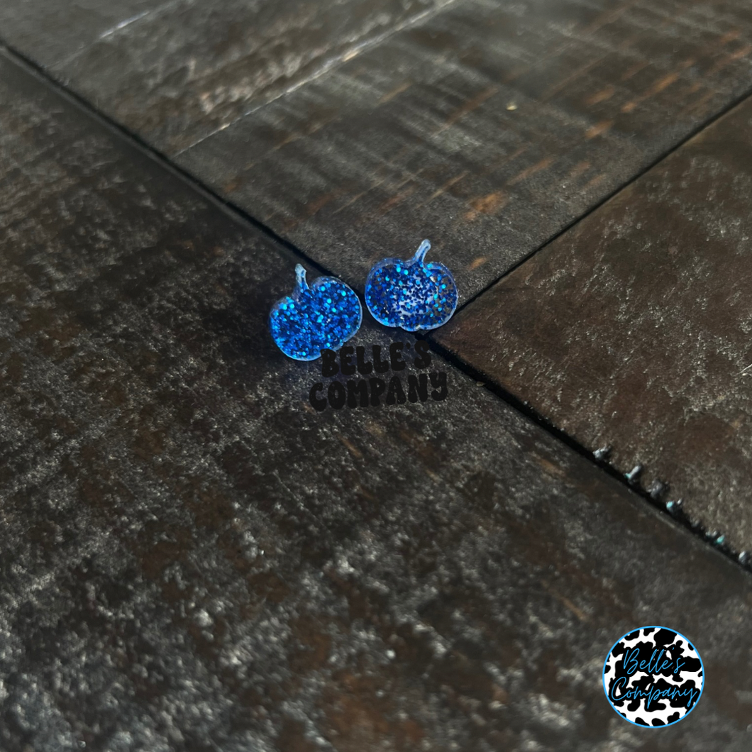 Blue Glitter Pumpkin Stud Earrings