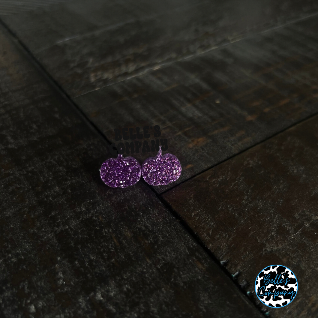 Purple Glitter Pumpkin Stud Earrings