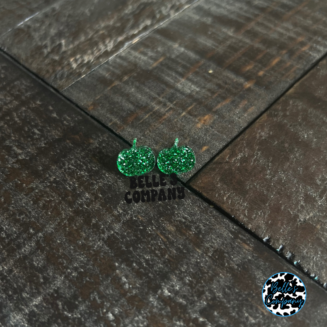 Green Glitter Pumpkin Stud Earrings