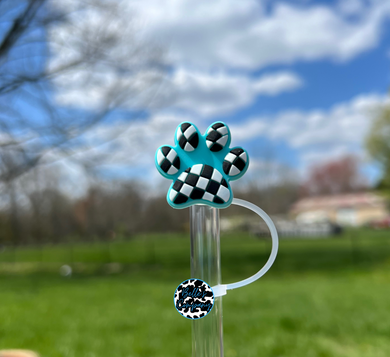 Checkered Paw Print Teal- Straw Topper - 10mm