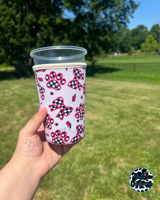 Checkered Paws and Bows Iced Drink Sleeve Koozie (No Handle)
