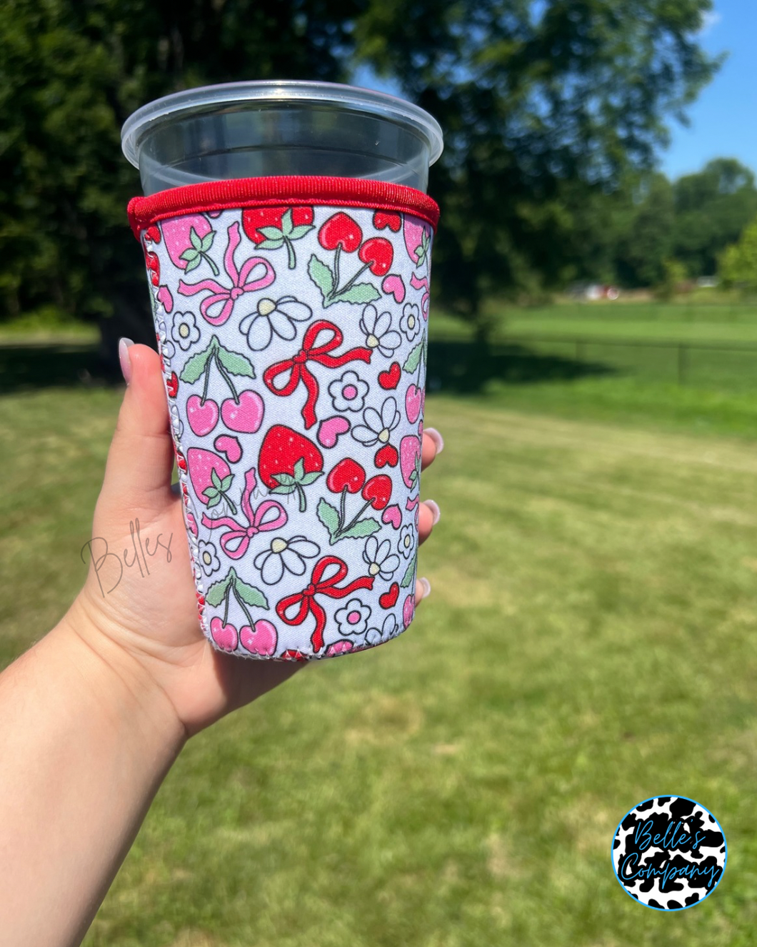 Strawberry Bows and Daisies Iced Drink Sleeve Koozie (No Handle)