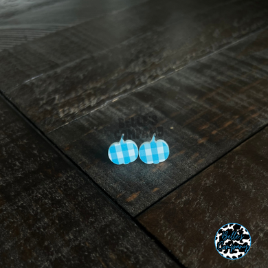 Blue Buffalo Plaid Pumpkin Stud Earrings