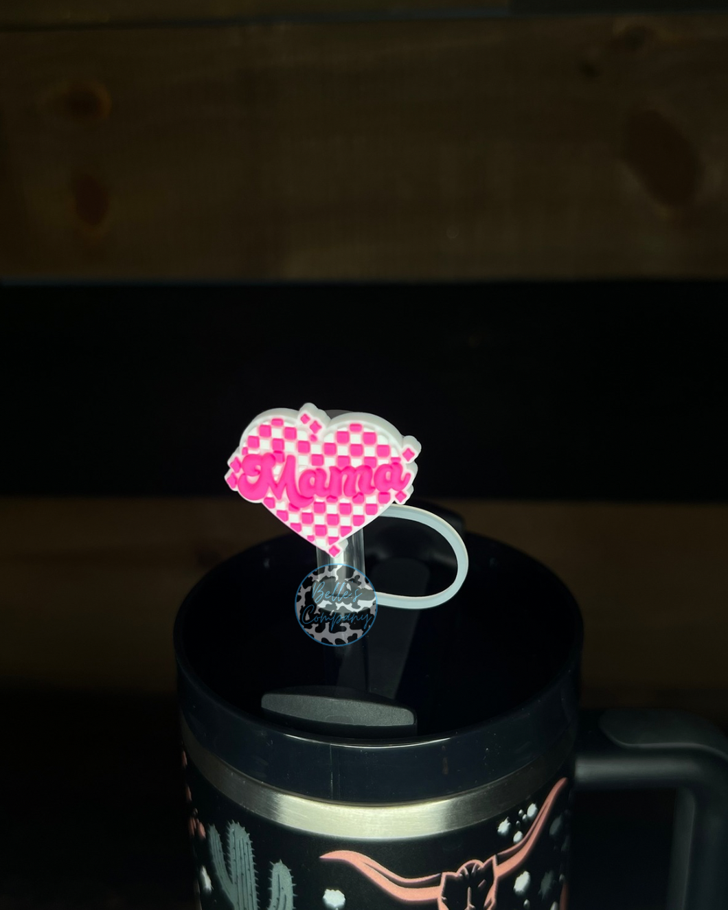 Hot Pink Checkered Mama Heart - Straw Topper - 10mm