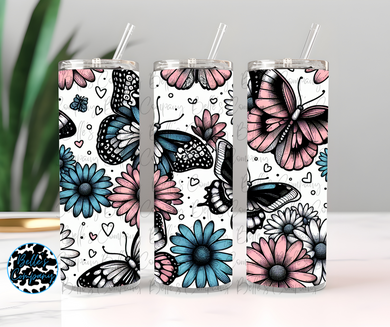 Pink/Blue Flower and Butterfly Tumbler - 20oz