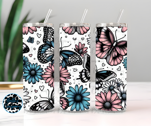Pink/Blue Flower and Butterfly Tumbler - 20oz