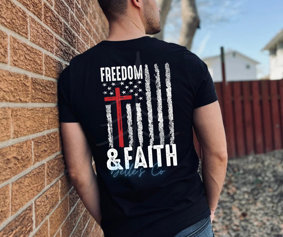 Make a bold statement with your new Freedom & Faith shirt with white font. The design will be placed on the back with nothing on the font. 