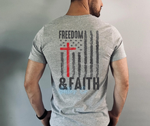 Load image into Gallery viewer, Make a bold statement with tour new Freedom &amp; Faith t shirt with grayish/black font. The design will be placed on the back with nothing on the front. 